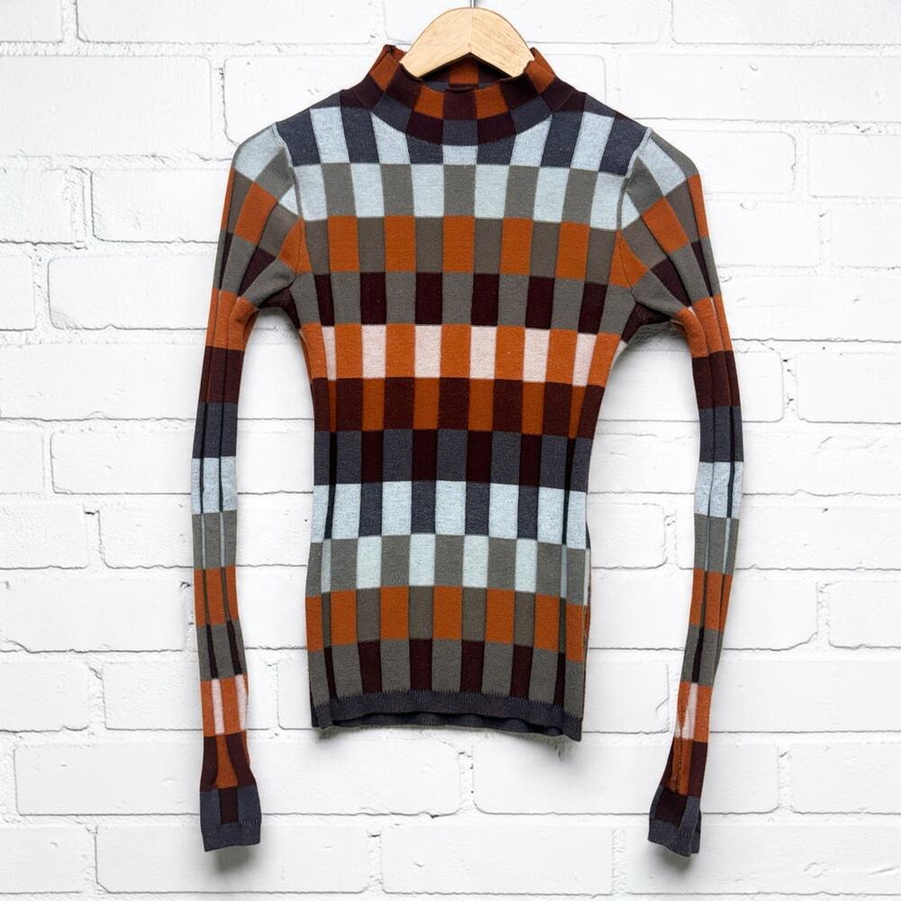Gilded Intent Retro 70s Checkered Mock Neck Sweater Thumbholes M